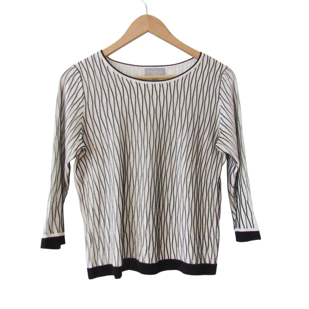 Pure Collection Silk Linen Sweater 4 Cream Black 3/4 Sleeves Textured Knit